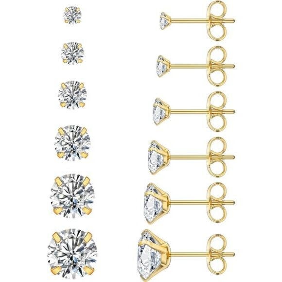6 Pairs CZ Stud Earrings Set Hypoallergenic Stainless Steel 3mm to 8mm - Picture 1 of 7